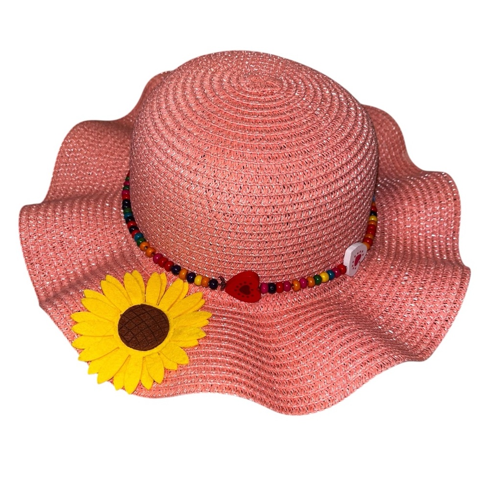 Bienvenue Girls Sunflower Sun Hat Structured Wavy Brim Beaded Ties